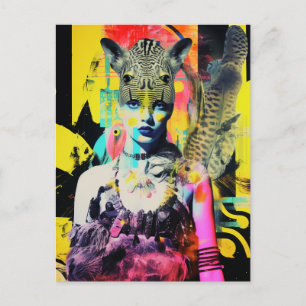 Carte Postale Imaginaire Femme et Animaux Collage coloré