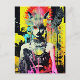 Carte Postale Imaginaire Femme et Animaux Collage coloré
