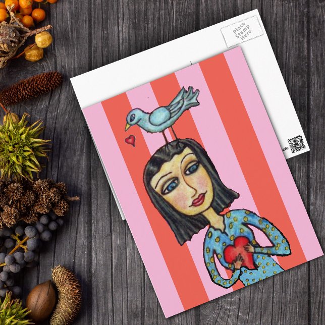 Carte Postale Imaginaire Folk Art Lady Bluebird Coeurs Aimer (Lady holding red heart with bluebird standing on her head on pink red striped postcard.)