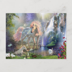 Carte Postale Imaginaire Mère Unicorne et bébé dans un jardin de