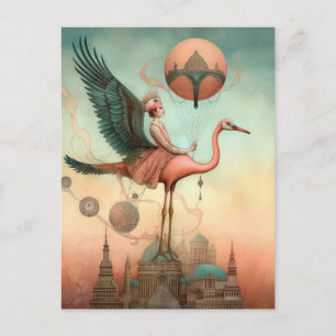 Carte Postale Imaginaire Ride sur un Flamant rose rose