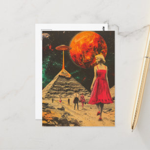 Carte Postale Imaginaire scifi Aliens et femme en robe rouge