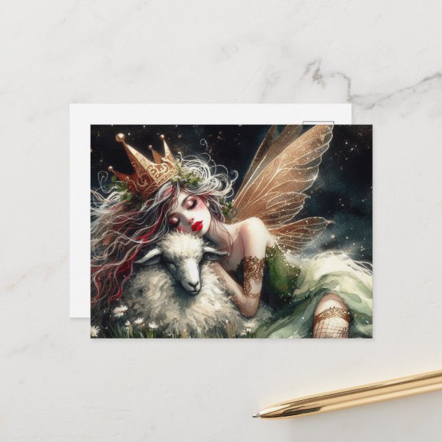 Carte Postale Imaginaire Sleepy Fairy Queen et son mouton (Devant/Arrière en situation)