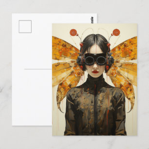 Carte Postale Imaginaire Woman and Orange Insect Wings Scifi AI