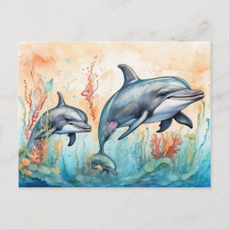 Carte Postale Impression d'art de dauphins à l'aquarelle