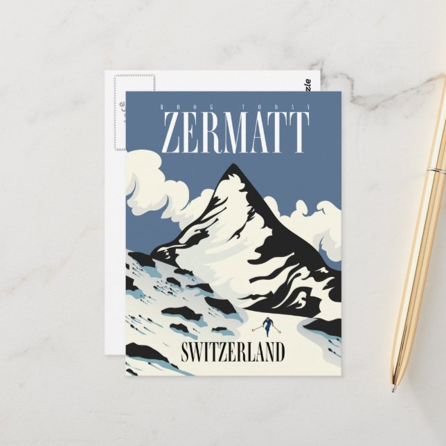 Carte Postale Impression de ski à Zermatt en Suisse (Devant/Arrière en situation)