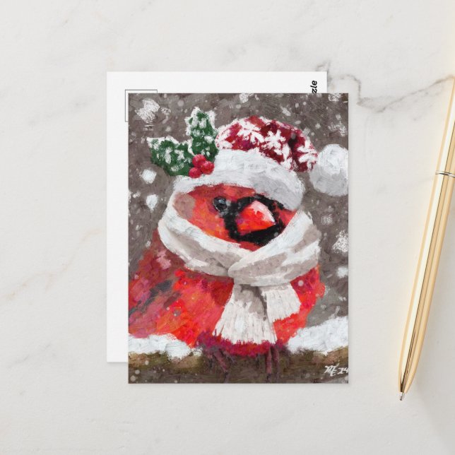 Carte Postale Impressionniste Cardinal Bird Scarf & Casquette en (Devant/Arrière en situation)