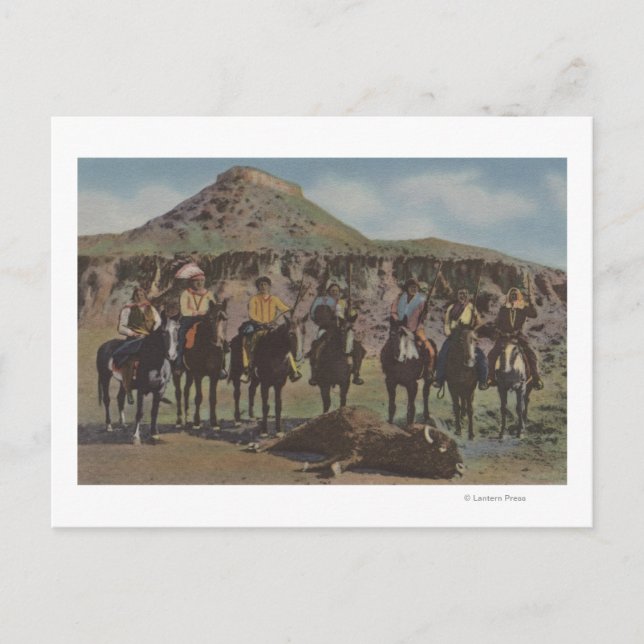 Carte Postale Indiens du Nord-Ouest - Chasse au bison et Indiens (Devant)