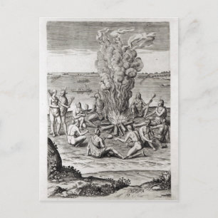 Carte Postale Indiens priant autour d'un feu, gravure