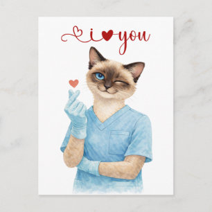 Carte Postale Infirmière Chat avec Mini Cœur envoyant de l'Amour