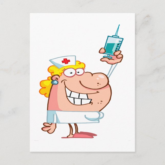 Carte Postale infirmière drôle avec une seringue dessin animé (Devant)