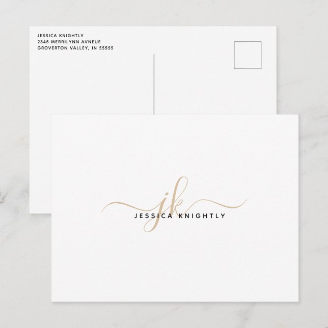 Carte Postale Initiales de script Monogramme Or Moderne Minimali (Devant / Derrière)