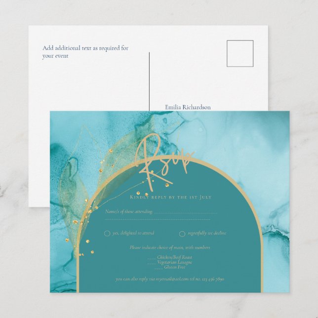 Carte Postale INK Ocean Turquoise Turquoise Gold Wedding RSVP (Devant / Derrière)