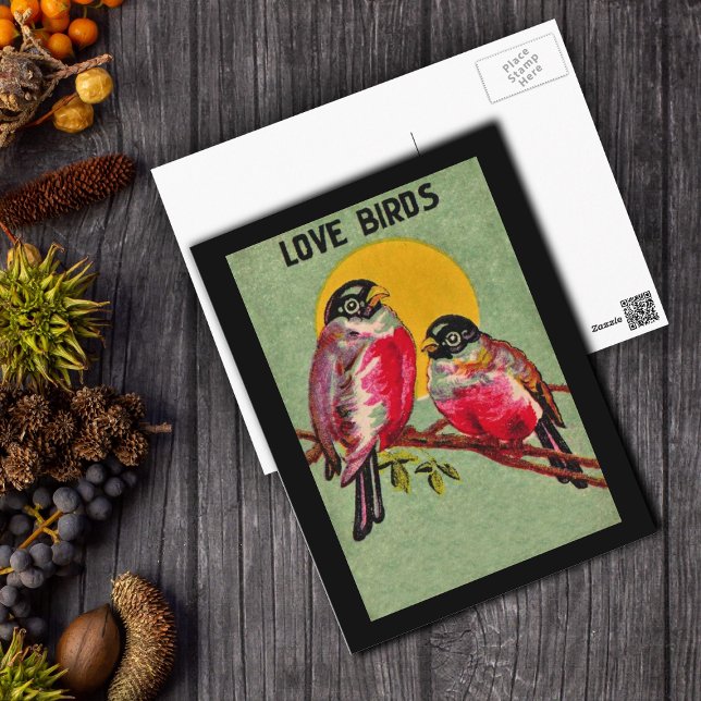 Carte postale Inséparable (Two pretty Love Birds dark pink on branch in front of orange sun on green postcard with black border)