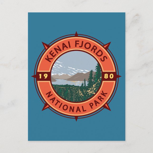Carte Postale Insigne rétro boussole du parc national des fjords (Devant)
