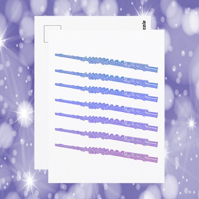 Carte Postale Instrument de musique fluide rose bleu violet (A postcard with a graphic of pink, blue and purple flutes.)