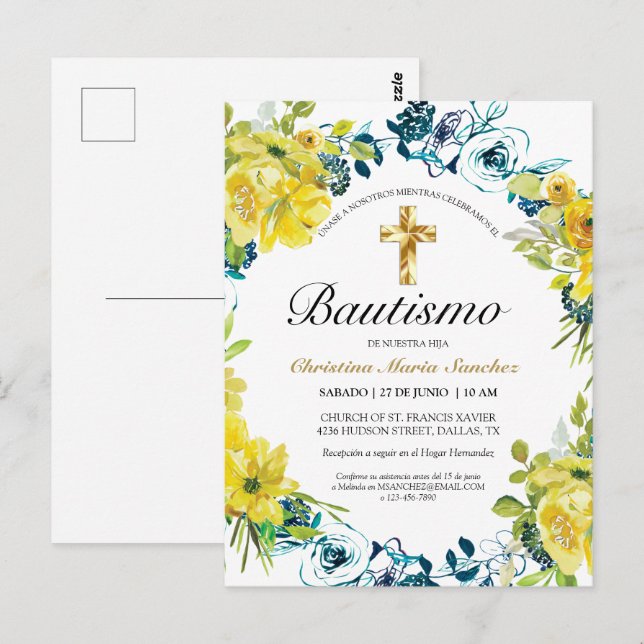 Carte Postale Invitación floral amarilla hermosa del bautismo de (Devant / Derrière)