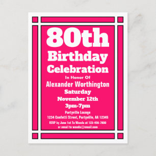 Carte postale Invitation 80th Pink Simple Birthday