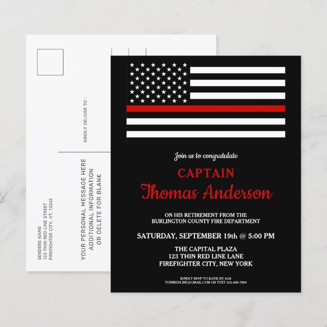 Carte postale Invitation à la retraite du pompier  (Devant / Derrière)