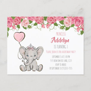 Carte Postale Invitation anniversaire 1ère année Princesse éléph