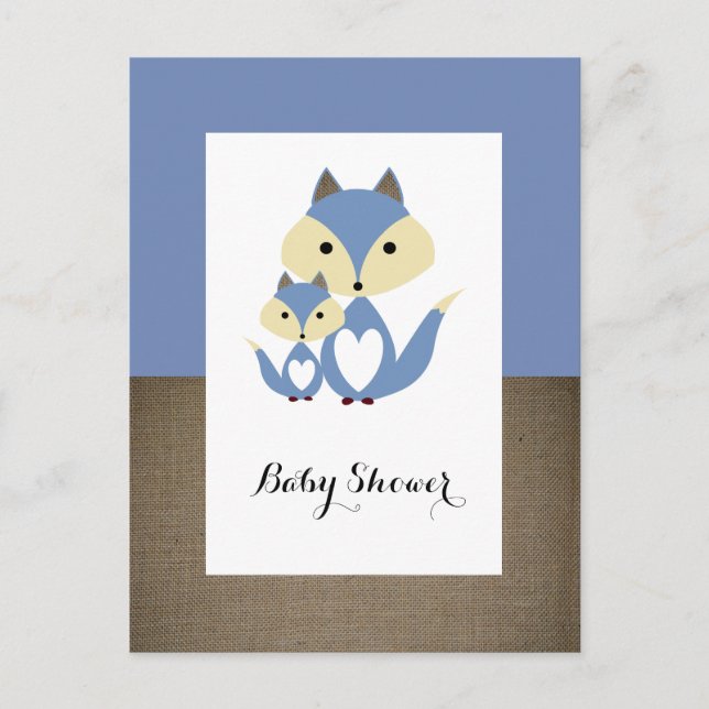 Carte Postale Invitation Baby shower Blue Fox Burlap (Devant)