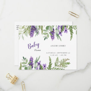 Carte Postale Invitation Baby shower de la lavande de feuillage 