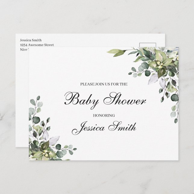 Carte postale Invitation Baby shower Eucalyptus (Devant / Derrière)