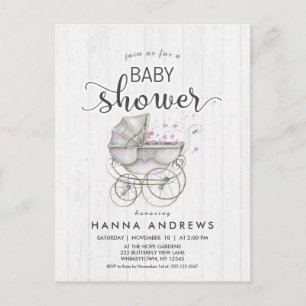 Carte Postale Invitation Baby shower fille en bois blanc et tran