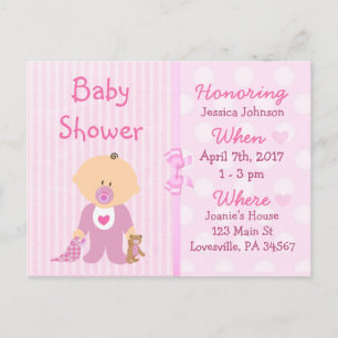 Carte Postale Invitation Baby shower poupée rose bébé fille