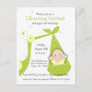 Carte Postale Invitation baby shower pour bébé garçon avec cigog