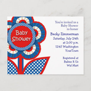Carte Postale Invitation Baby shower rouge, blanc et bleu