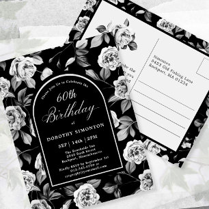 Carte postale Invitation Black White Floral 60e an
