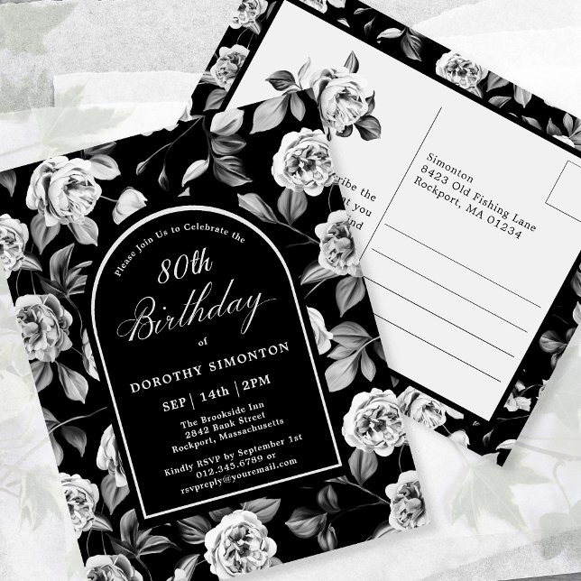 Carte postale Invitation Black White Floral 80e an (Créateur téléchargé)