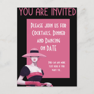 Carte Postale Invitation Chic Dame dans un Chapeau Rose/Gants