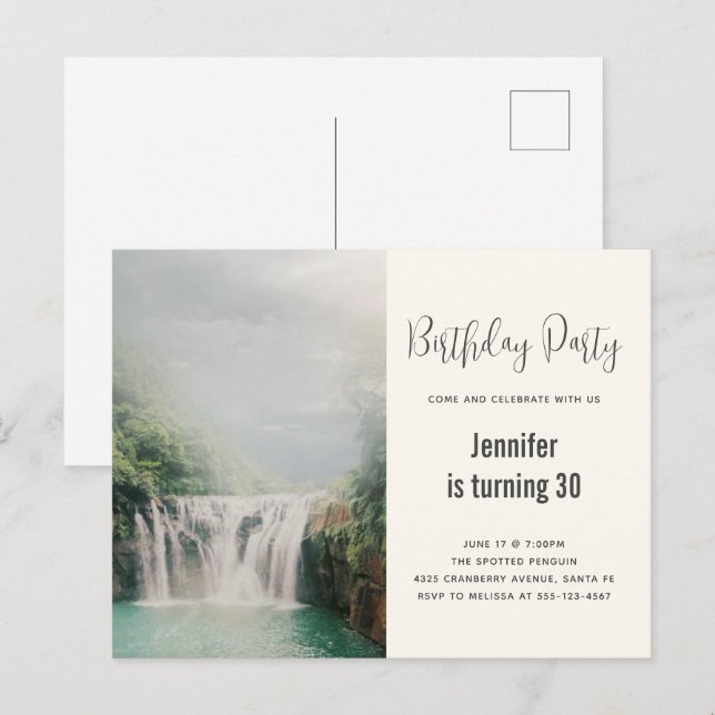 Carte Postale Invitation d'anniversaire cascade près d'une forêt (Devant / Derrière)