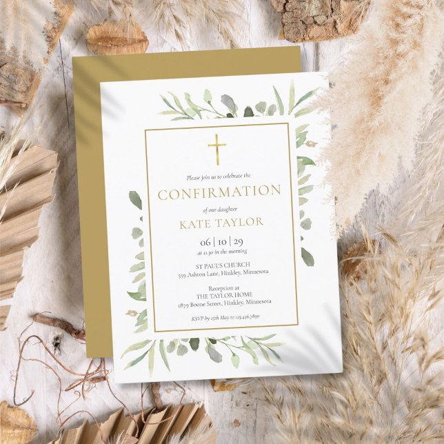 Carte Postale Invitation de confirmation Greenery Gold (Greenery Gold Confirmation Invitation)