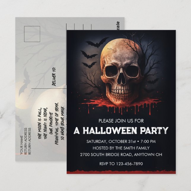 Carte postale Invitation de fête d'Halloween crâne (Devant / Derrière)