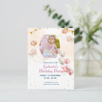 Carte Postale Invitation de naissance élégante avec photo pour K