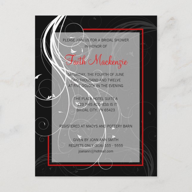 Carte Postale Invitation de Wedding shower noir et rouge (Devant)