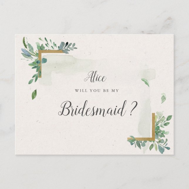 carte postale Invitation d'or vert bridesmaid (Devant)