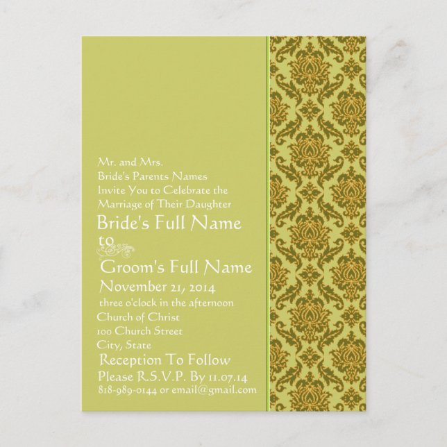 Carte Postale Invitation Elegant Lime & Gold Mariage damassé (Devant)