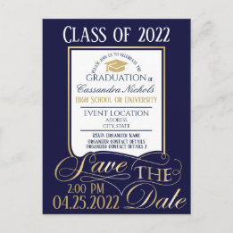 Carte postale Invitation Gold and Blue Graduation