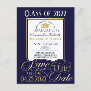 Carte postale Invitation Gold and Blue Graduation