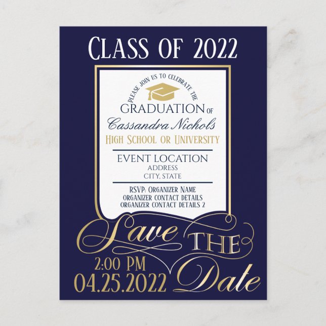 Carte postale Invitation Gold and Blue Graduation (Devant)