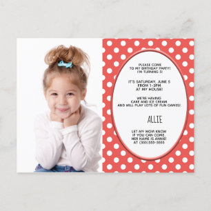 Carte Postale Invitation photo d'anniversaire à pois rouges et b