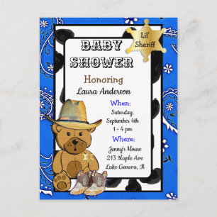 Carte Postale Invitation pour Baby Shower Ourson Cowboy Teddy le