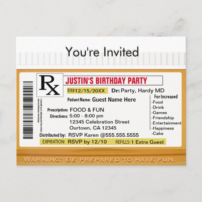 Carte Postale Invitation | Prescription RX pour le plaisir (Devant)