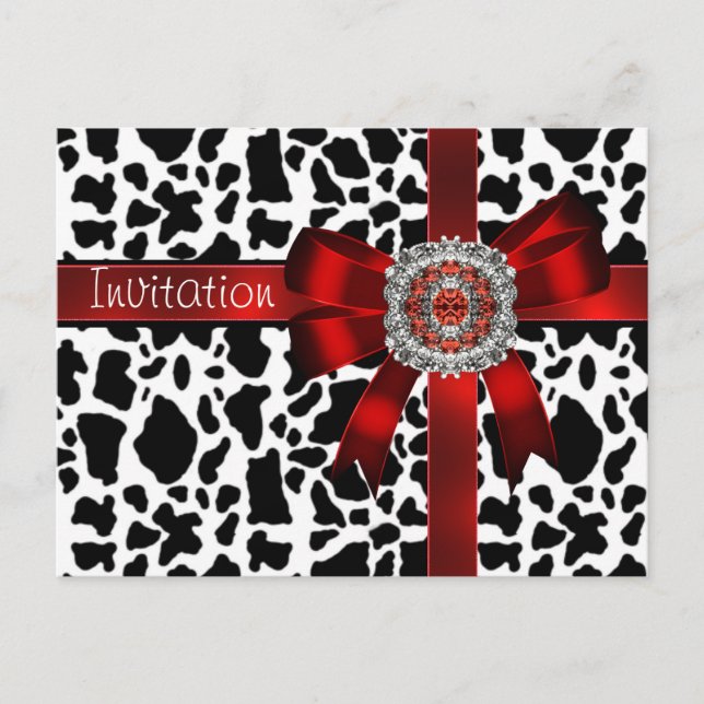 Carte postale Invitation Vache rouge Bow noir blan (Devant)