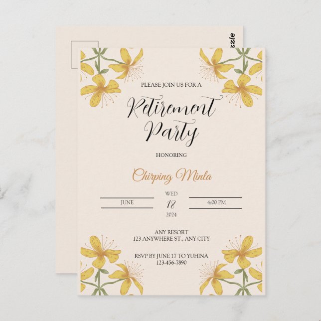 Carte postale Invitative Retraite florale Bronze (Devant / Derrière)