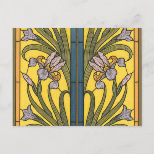 Carte Postale Iris Fleur Art Nouveau Vitrail Bleu Or